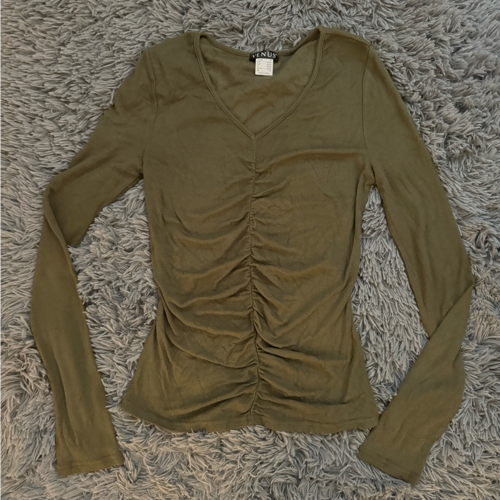 Venus long sleeve top center front ruched olive green size XS